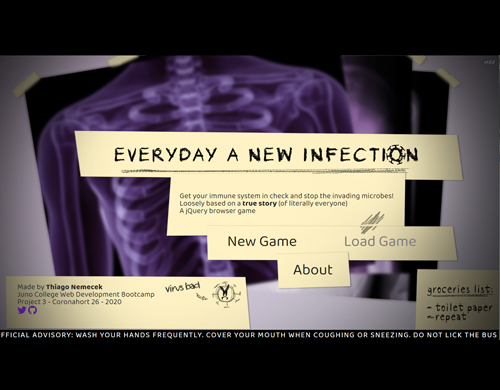 Screenshot of a web-game main menu showing post-its glued on top of x-rays of a human thorax.