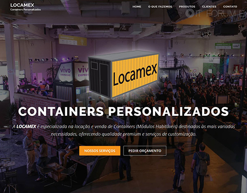 Screenshot of the home page of a website, displaying a logo of a yellow and gray shipping container with the word Locamex stamped on its side.